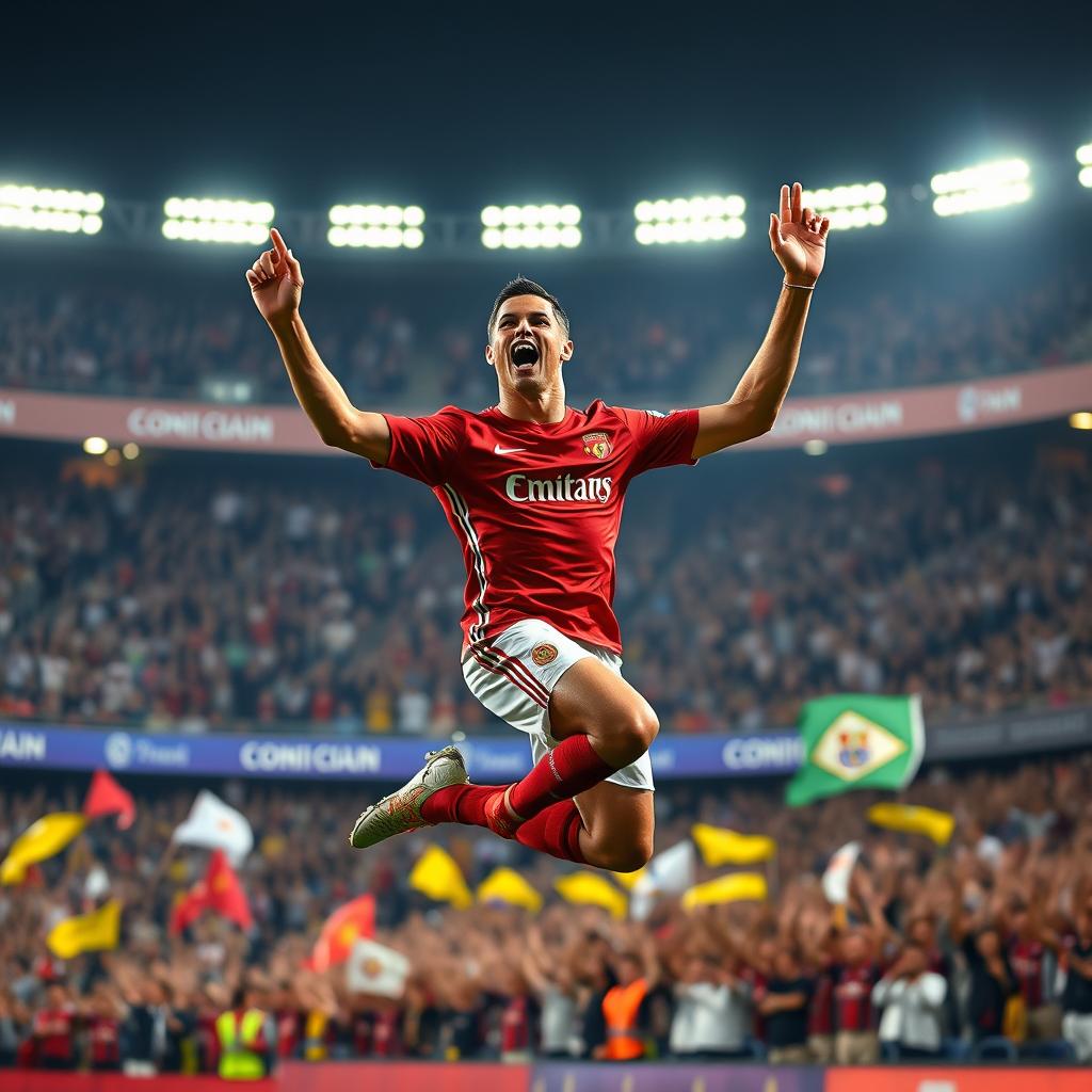 A dynamic scene of Cristiano Ronaldo celebrating a goal, mid-air while chanting 'Suuuu!' with a passionate expression