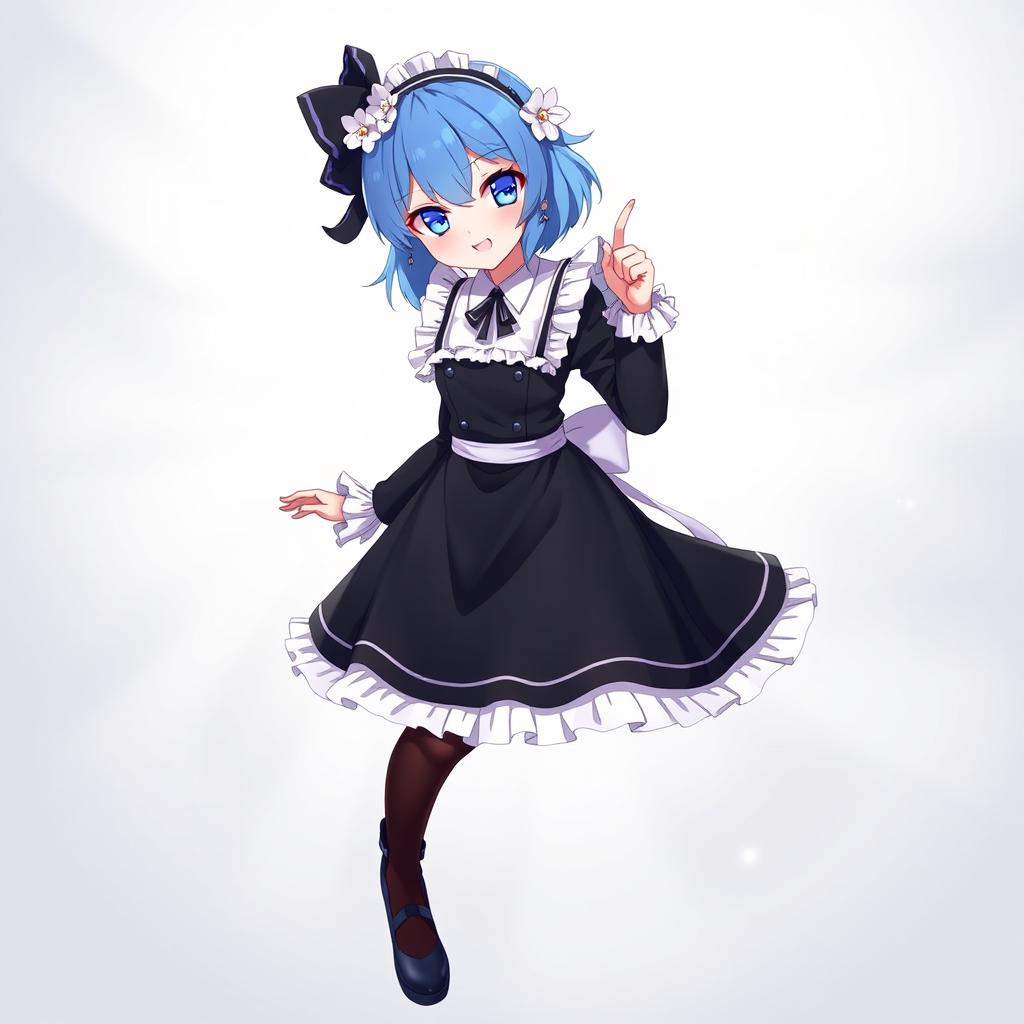A full body portrait of Rem from Re: Zero, featuring her iconic blue hair styled with a cute fringe and flower accessory