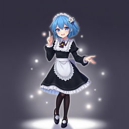 A full body portrait of Rem from Re: Zero, featuring her iconic blue hair styled with a cute fringe and flower accessory