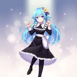 A full body portrait of Rem from Re: Zero, featuring her iconic blue hair styled with a cute fringe and flower accessory