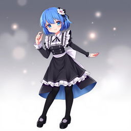 A full body portrait of Rem from Re: Zero, featuring her iconic blue hair styled with a cute fringe and flower accessory