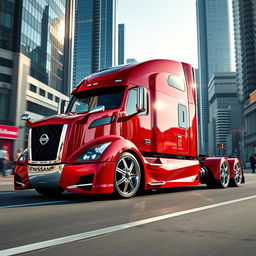 A visually stunning custom cutting-edge semi-truck featuring unique Nissan GTR rims and wheels