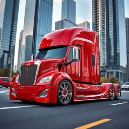 A visually stunning custom cutting-edge semi-truck featuring unique Nissan GTR rims and wheels