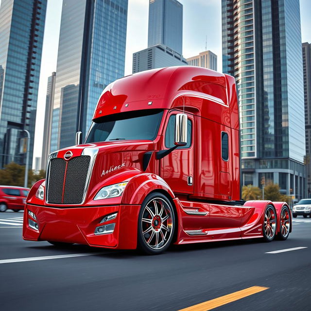 A visually stunning custom cutting-edge semi-truck featuring unique Nissan GTR rims and wheels