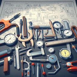 A detailed illustration showcasing various tools used in the metrology of measurement chains