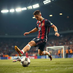 A dynamic scene of a professional soccer player, inspired by Cristiano Ronaldo, in the midst of a high-paced match