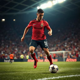 A dynamic scene of a professional soccer player, inspired by Cristiano Ronaldo, in the midst of a high-paced match