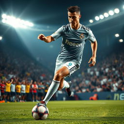 A dynamic scene of a professional soccer player, inspired by Cristiano Ronaldo, in the midst of a high-paced match