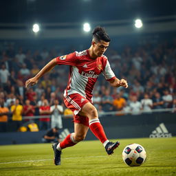 A dynamic scene of a professional soccer player, inspired by Cristiano Ronaldo, in the midst of a high-paced match