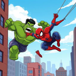 A cartoon-style illustration of Spiderman swinging through the air, launching a surprise attack on the Hulk