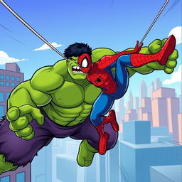 A cartoon-style illustration of Spiderman swinging through the air, launching a surprise attack on the Hulk