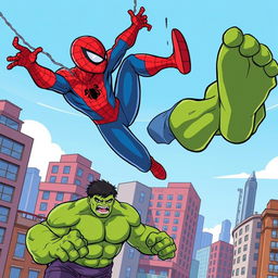 A cartoon-style illustration of Spiderman swinging through the air, launching a surprise attack on the Hulk