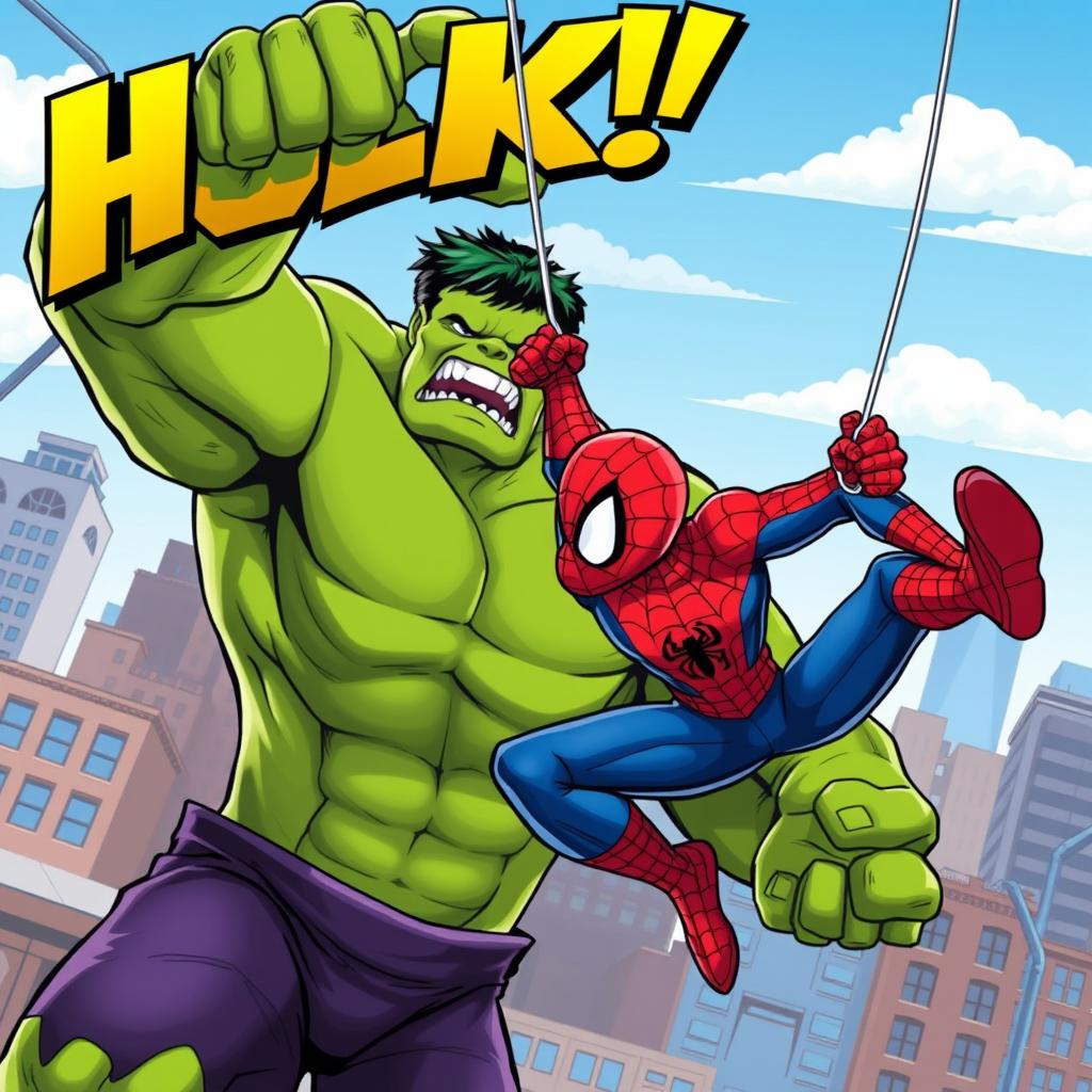 A cartoon-style illustration of Spiderman swinging through the air, launching a surprise attack on the Hulk