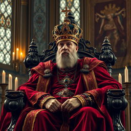 A majestic and powerful king seated on an ornate throne, adorned in rich, royal robes of deep crimson and gold, surrounded by intricate medieval decor