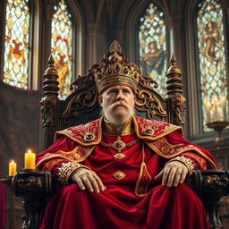 A majestic and powerful king seated on an ornate throne, adorned in rich, royal robes of deep crimson and gold, surrounded by intricate medieval decor