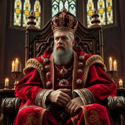 A majestic and powerful king seated on an ornate throne, adorned in rich, royal robes of deep crimson and gold, surrounded by intricate medieval decor