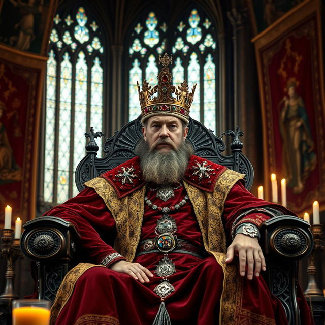 A majestic and powerful king seated on an ornate throne, adorned in rich, royal robes of deep crimson and gold, surrounded by intricate medieval decor