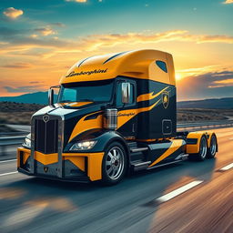 An eye-catching high-definition image of a custom semi-truck fitted with cutting-edge Lamborghini rims and wheels