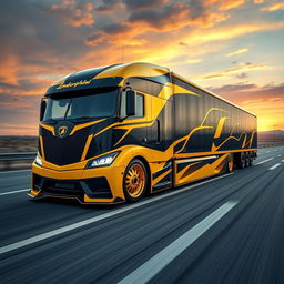 An eye-catching high-definition image of a custom semi-truck fitted with cutting-edge Lamborghini rims and wheels