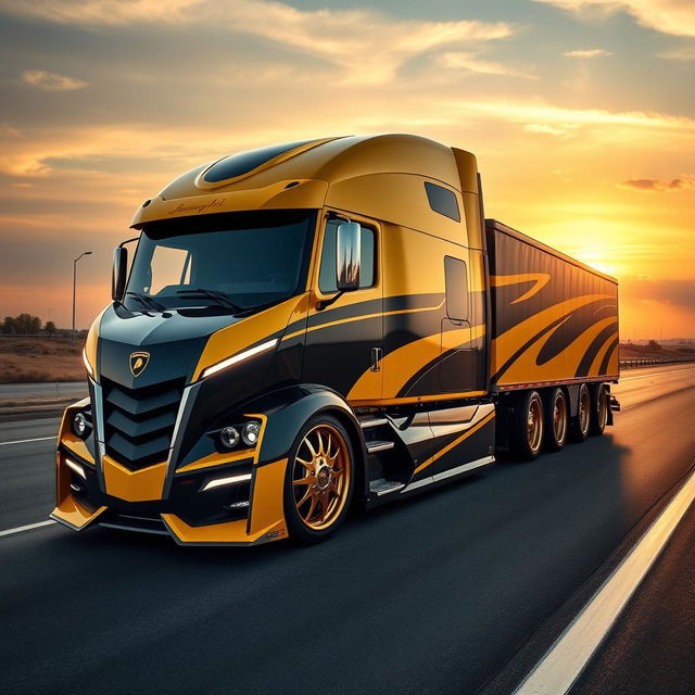 An eye-catching high-definition image of a custom semi-truck fitted with cutting-edge Lamborghini rims and wheels