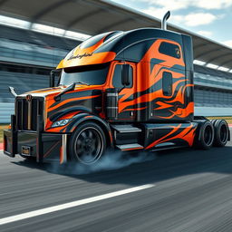A stunning high-definition image of a custom semi-truck adorned with cutting-edge Lamborghini racing rims and wheels