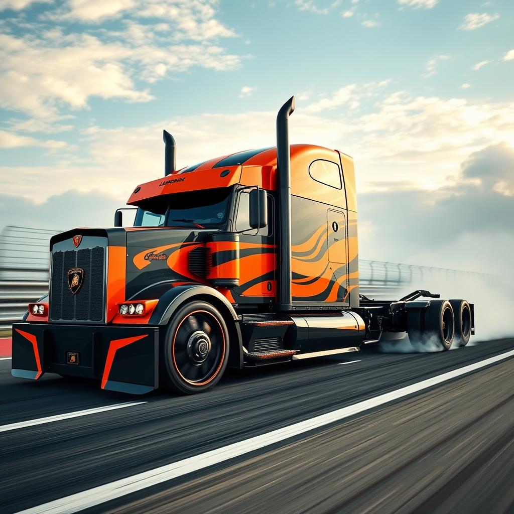 A stunning high-definition image of a custom semi-truck adorned with cutting-edge Lamborghini racing rims and wheels