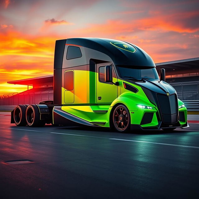 An impressive high-definition image of a custom semi-truck equipped with Lamborghini racing rims and wheels