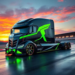 An impressive high-definition image of a custom semi-truck equipped with Lamborghini racing rims and wheels