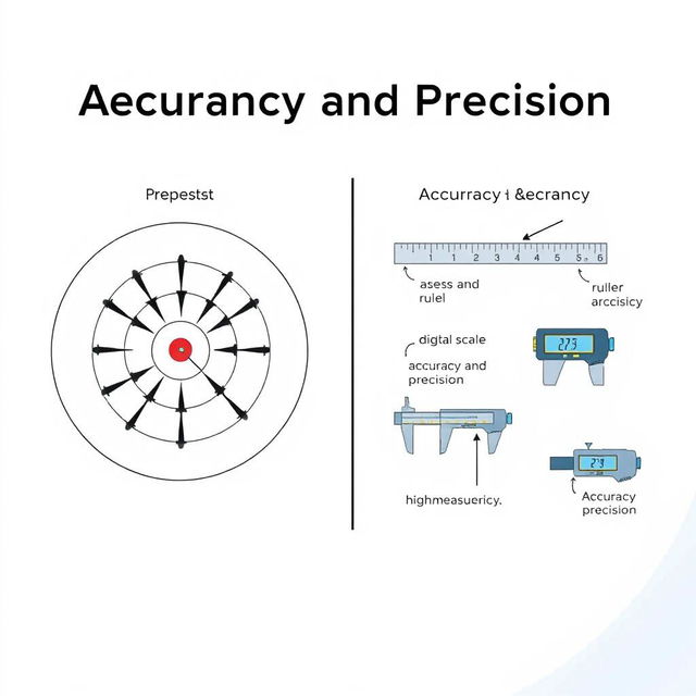 An educational illustration depicting the concepts of Measurement Accuracy and Precision in a visually engaging way