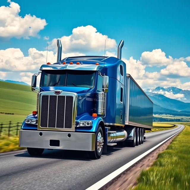 A highly detailed and realistic image of a large semi truck driving down a scenic highway