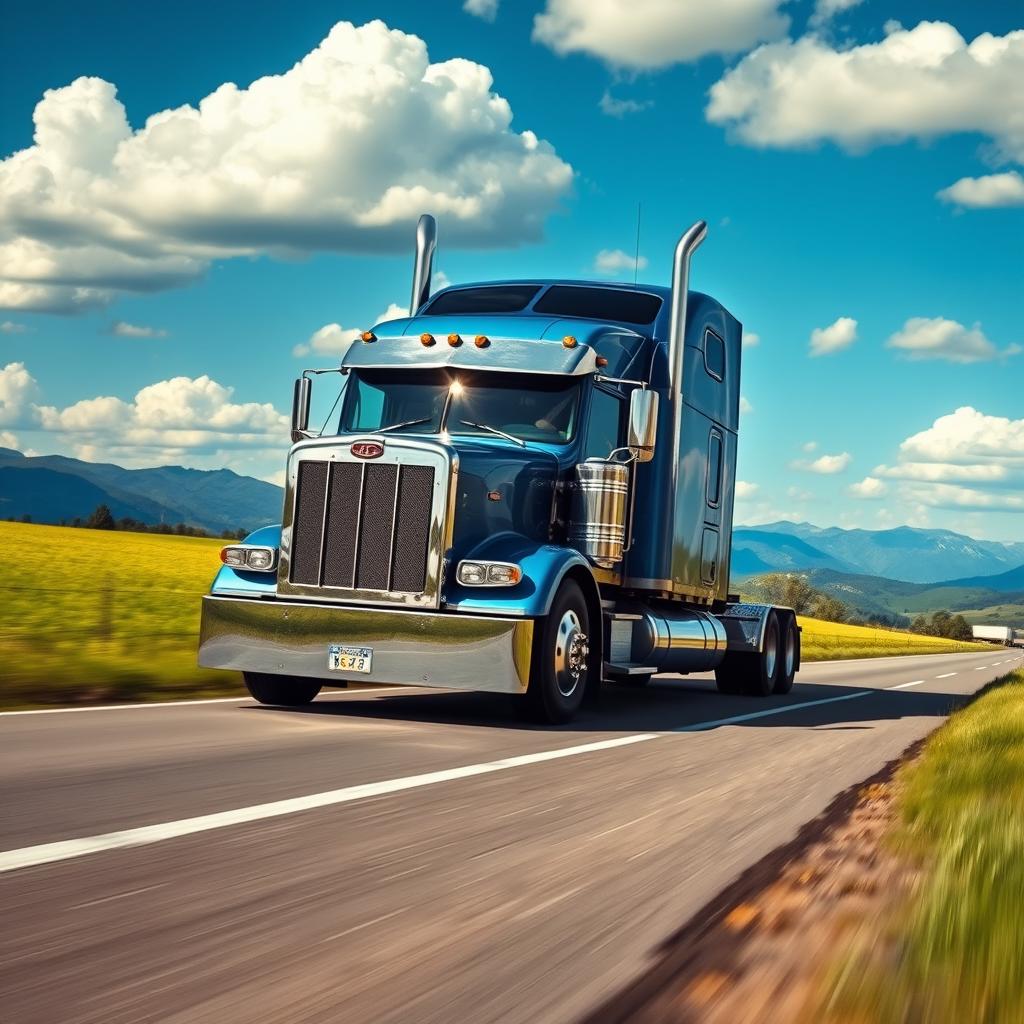 A highly detailed and realistic image of a large semi truck driving down a scenic highway