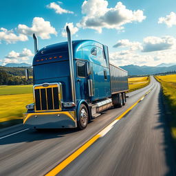 A highly detailed and realistic image of a large semi truck driving down a scenic highway