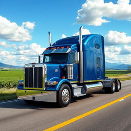 A highly detailed and realistic image of a large semi truck driving down a scenic highway