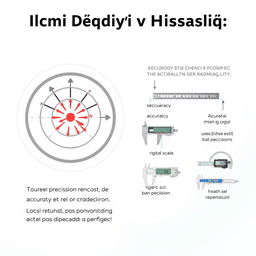 An educational illustration depicting the concepts of Ölçmə Dəqiqliyi və Həssaslıq in a visually engaging way