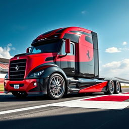 A striking high-definition image of a custom semi-truck featuring exclusive Ferrari racing rims and wheels
