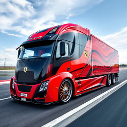 A striking high-definition image of a custom semi-truck featuring exclusive Ferrari racing rims and wheels