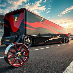 A striking high-definition image of a custom semi-truck featuring exclusive Ferrari racing rims and wheels