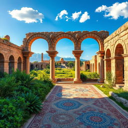 A highly detailed and vibrant depiction of the ancient Roman ruins of Volubilis in Morocco