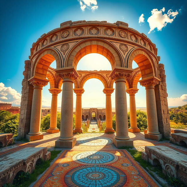 A highly detailed and vibrant depiction of the ancient Roman ruins of Volubilis in Morocco