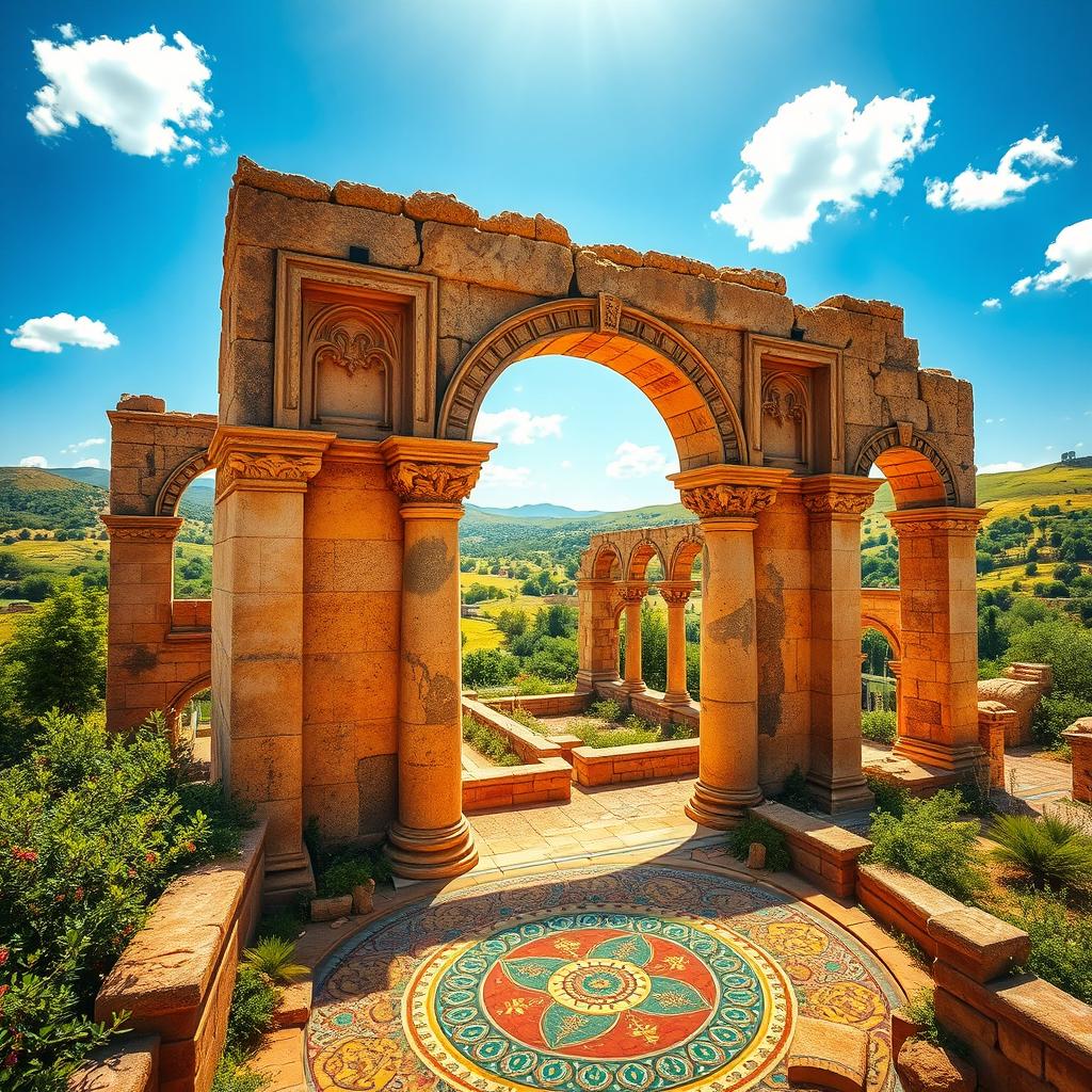 A highly detailed and vibrant depiction of the ancient Roman ruins of Volubilis in Morocco