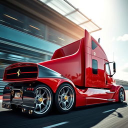 A stunning high-definition image of a custom semi-truck featuring distinctive Ferrari racing rims and wheels