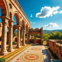 A highly detailed and vibrant depiction of the ancient Roman ruins of Volubilis in Morocco