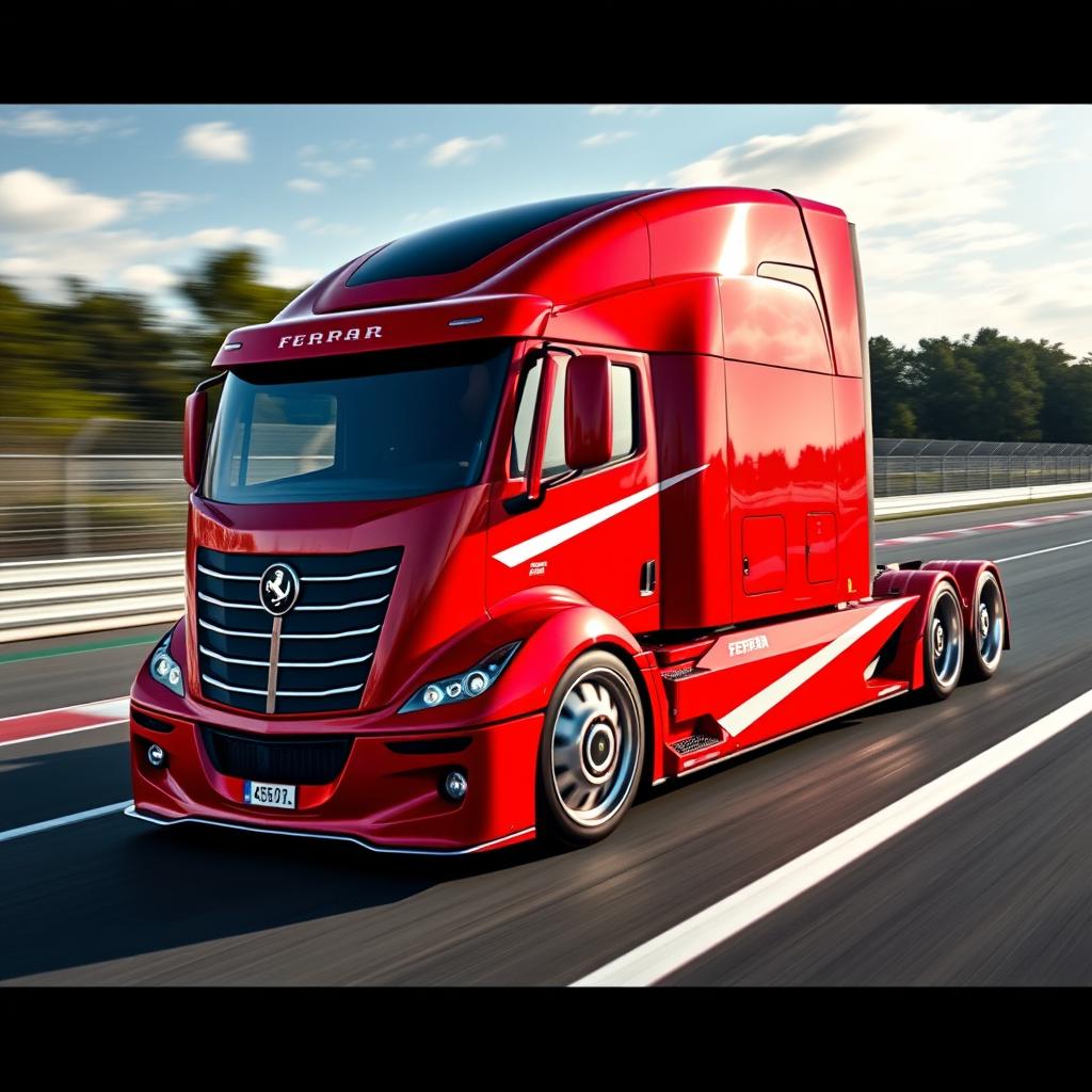 An eye-catching high-definition image of a custom semi-truck featuring exclusive Ferrari racing rims and wheels