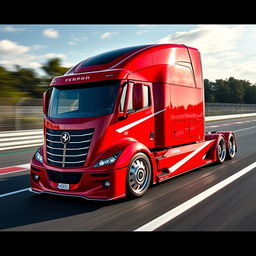 An eye-catching high-definition image of a custom semi-truck featuring exclusive Ferrari racing rims and wheels