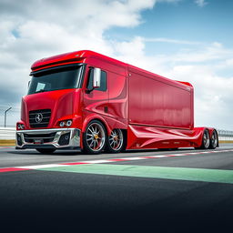 An impressive high-definition image of a custom semi-truck outfitted with striking Ferrari racing rims and wheels