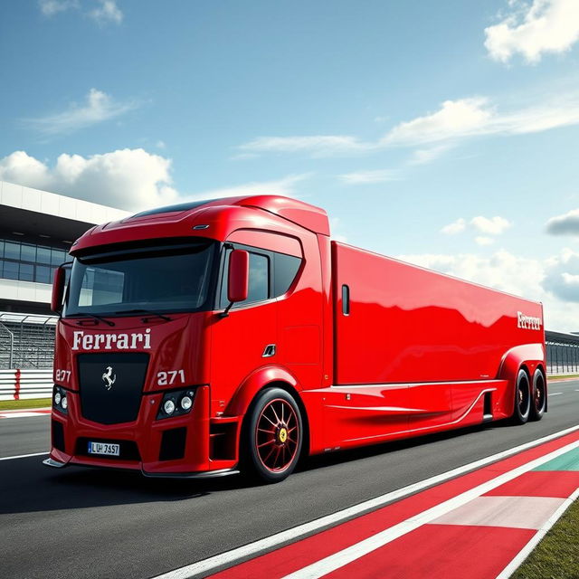 An impressive high-definition image of a custom semi-truck outfitted with striking Ferrari racing rims and wheels