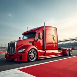 An impressive high-definition image of a custom semi-truck outfitted with striking Ferrari racing rims and wheels
