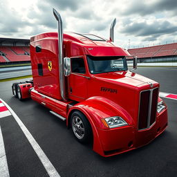 An impressive high-definition image of a custom semi-truck outfitted with striking Ferrari racing rims and wheels