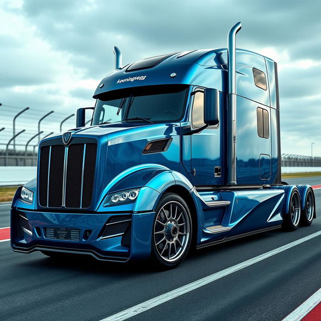 An awe-inspiring high-definition image of a custom semi-truck showcasing exclusive Koenigsegg racing rims and wheels