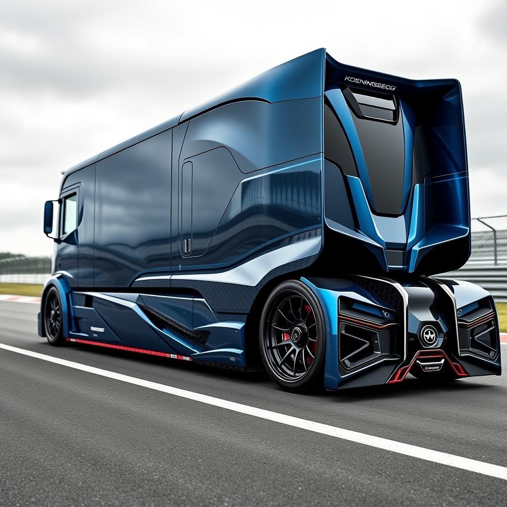 An awe-inspiring high-definition image of a custom semi-truck showcasing exclusive Koenigsegg racing rims and wheels